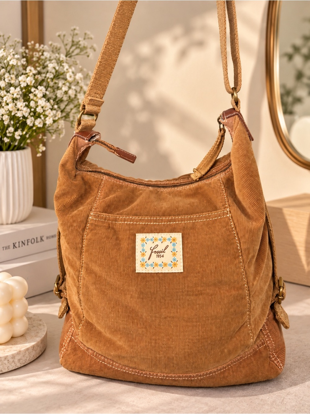 Fossil Corduroy Shoulder Bag in Camel Tan